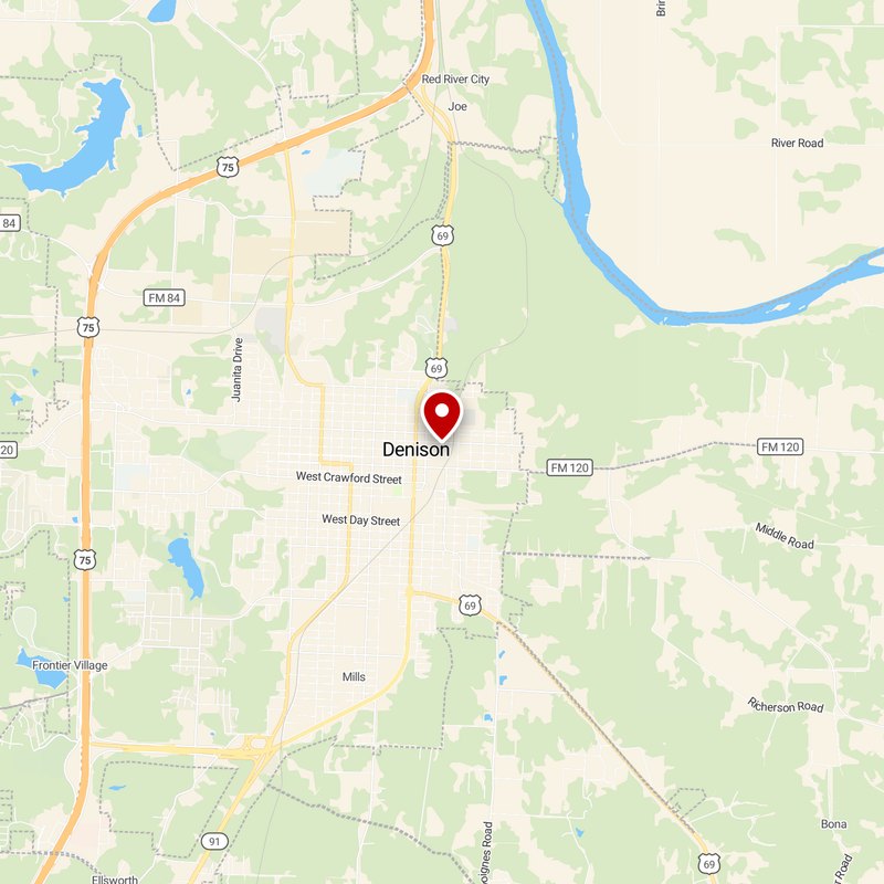 Map of Denison with a red pin marking the storage lot