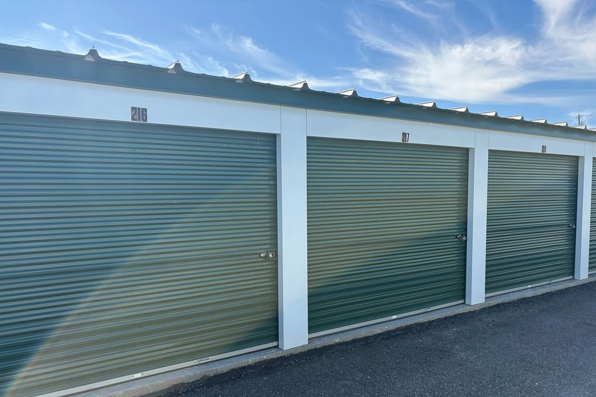 Row of green roll-up storage doors between white pillars beside an asphalt drive